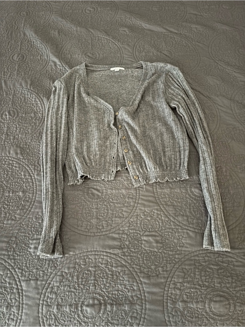 Abound Gray Ribbed Cropped Button Cardigan
